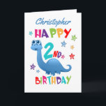 Blue Dinosaur 2nd Birthday Card<br><div class="desc">A special 2nd birthday card! This bright fun second birthday card features a blue dinosaur, some pretty stars and colourful text. A cute design for someone who will be two years old. Add the 2nd birthday child's name to the front of the card to customise it for the special boy...</div>