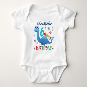 Blue Dinosaur 6 Month Birthday Baby Bodysuit
