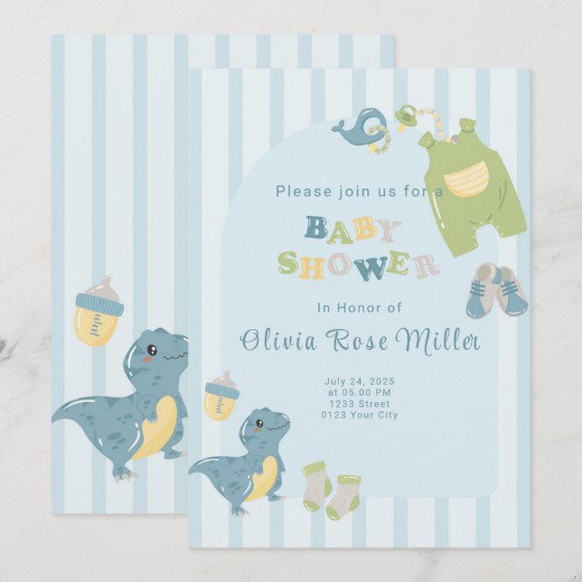 Blue Dinosaur Baby Shower Invitation (Front/Back)