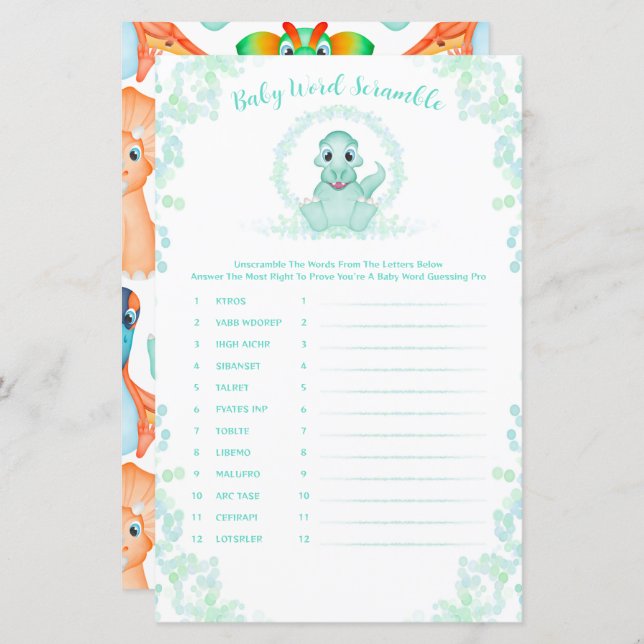 Blue Dinosaur Baby Word Scramble Baby Shower Game (Front/Back)