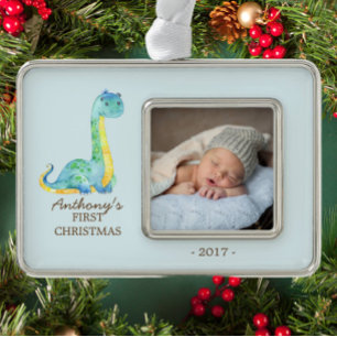 Blue Dinosaur Baby's 1st Christmas Photo Ornament