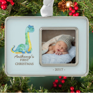Blue Dinosaur Baby's 1st Christmas Photo Ornament
