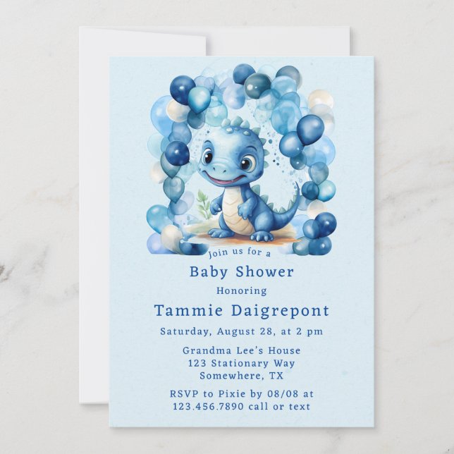 Blue Dinosaur & Balloons Boy Baby Shower Invitation (Front)