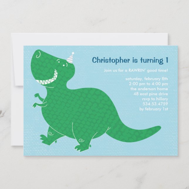 Blue Dinosaur Birthday Party Invitations (Front)