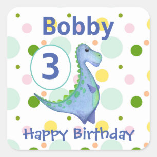 Blue Dinosaur Birthday Party Name & Age Square Sticker