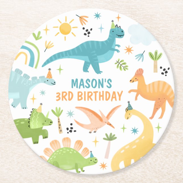Blue Dinosaur Birthday Party  Round Paper Coaster (Front)