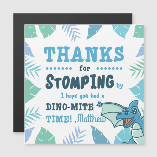 Blue Dinosaur Birthday Party Thank you Magnetic Invitation (Front/Back)