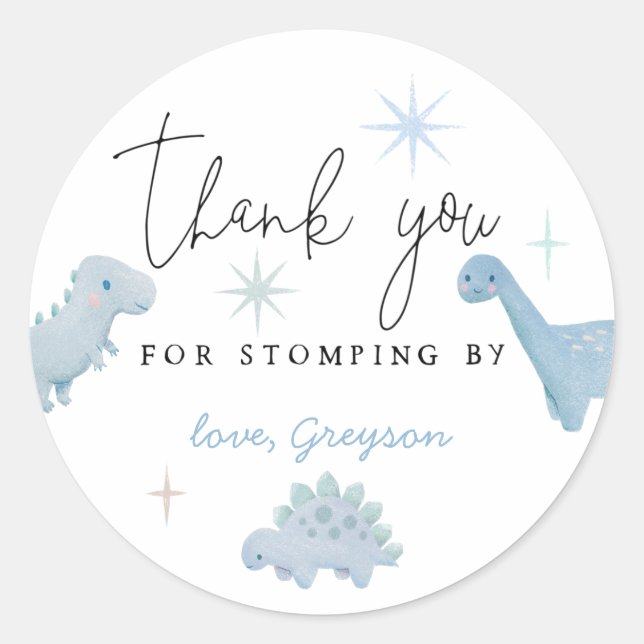 Blue Dinosaur Birthday Stomping By Favour  Classic Round Sticker (Front)