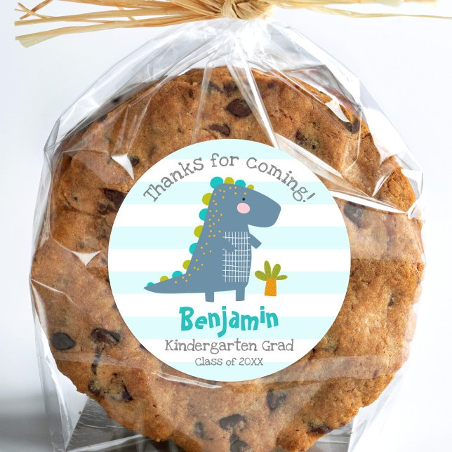 Blue Dinosaur Boy Kindergarten Graduation Thanks Classic Round Sticker (Creator Uploaded)