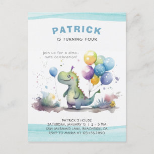 Blue Dinosaur Boy Watercolor Birthday Invitation Postcard