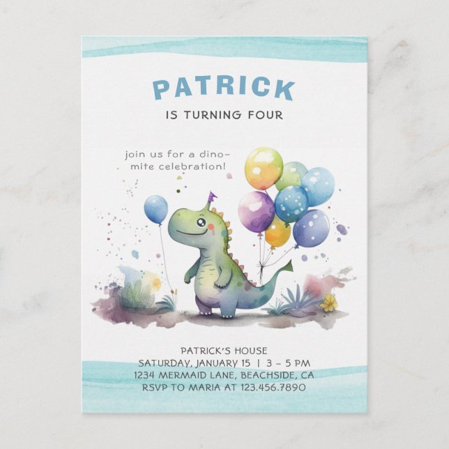Blue Dinosaur Boy Watercolor Birthday Invitation Postcard (Front)