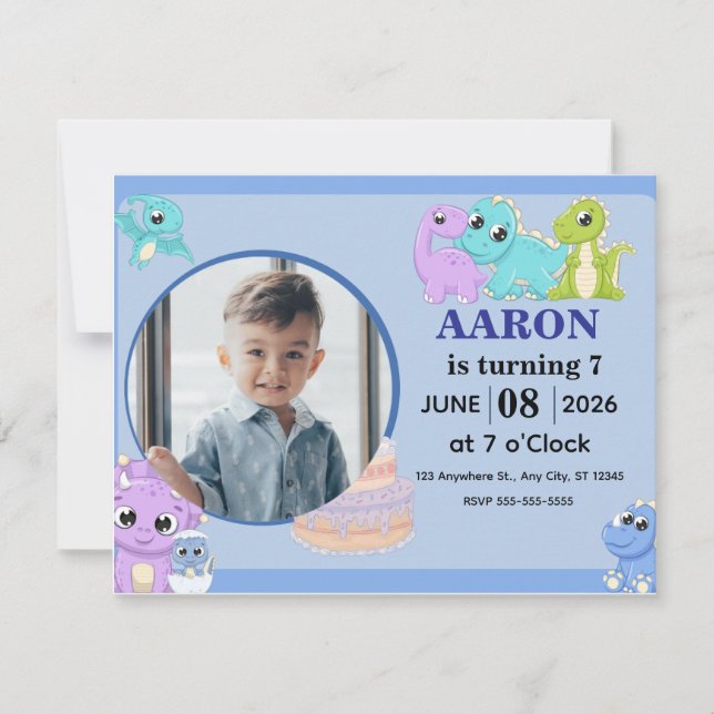 Blue Dinosaur Happy Birthday Invitation (Front)