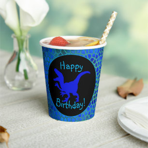 Blue Dinosaur Hide Happy Birthday! Paper Cups