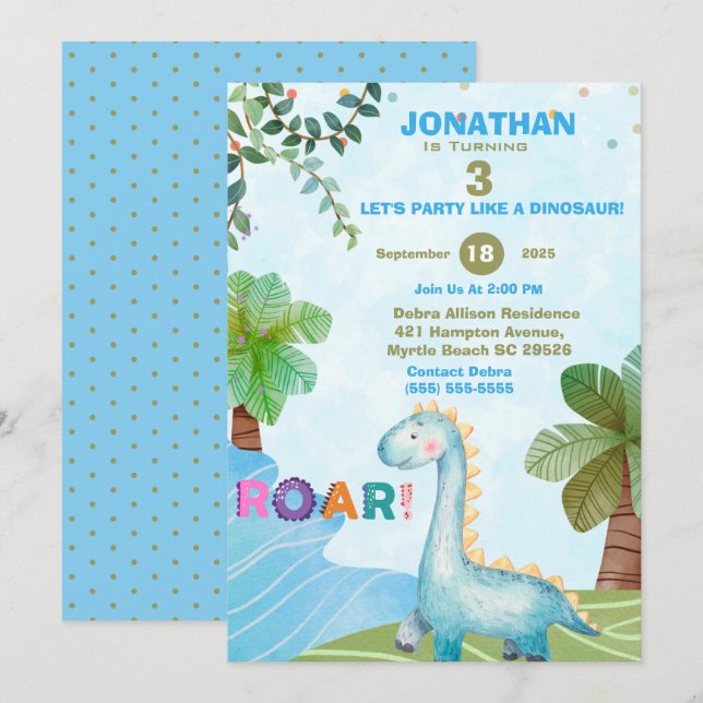  Blue Dinosaur Kids T Rex Birthday Party Invitation (Front/Back)