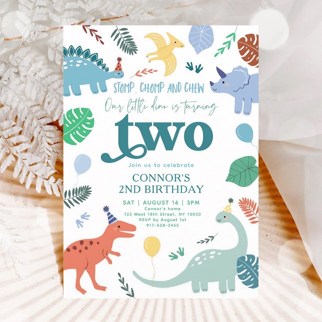 Blue Dinosaur Leaves 2nd Birthday Invitation (Creator Uploaded)