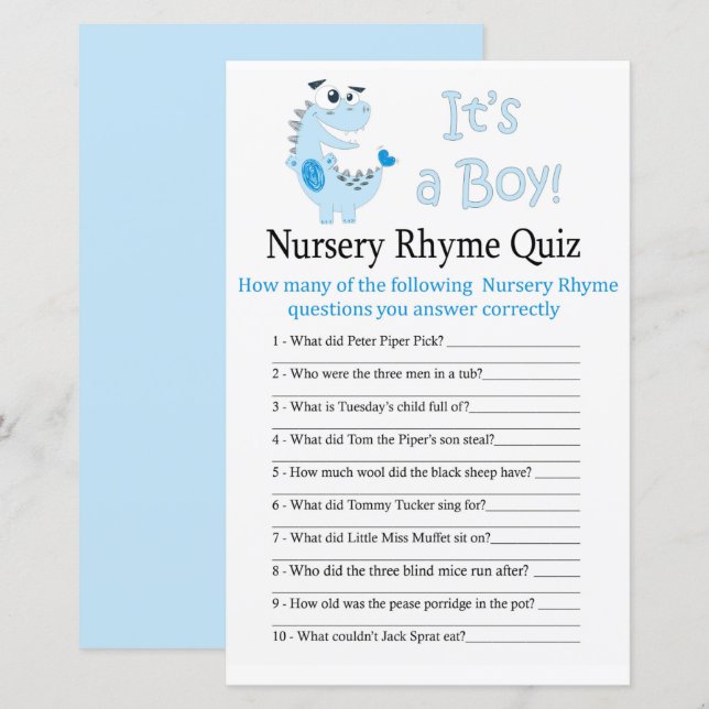 Blue Dinosaur Nursery Rhyme Quiz baby shower game (Front/Back)
