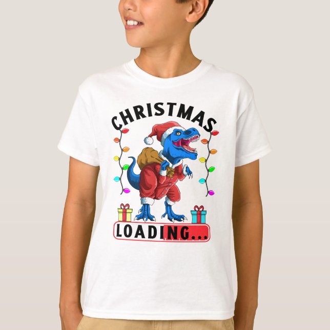 Blue Dinosaur T Rex Christmas Loading T-Shirt (Front)