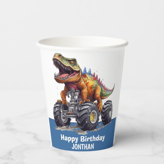 Blue Dinosaur T-Rex Monster Truck theme  Paper Cups (Back)