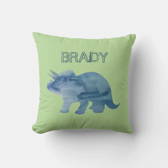 Blue Dinosaur Triceractop Custom Name Throw Pillow (Front)