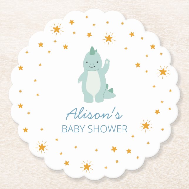 Blue Dinosaur Twinkle Star Baby Shower Boy Party  Paper Coaster (Front)