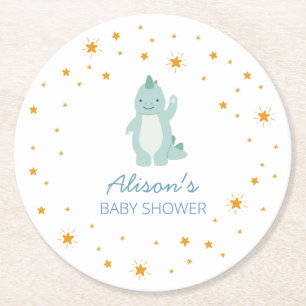 Blue Dinosaur Twinkle Star Baby Shower Boy Party  Round Paper Coaster