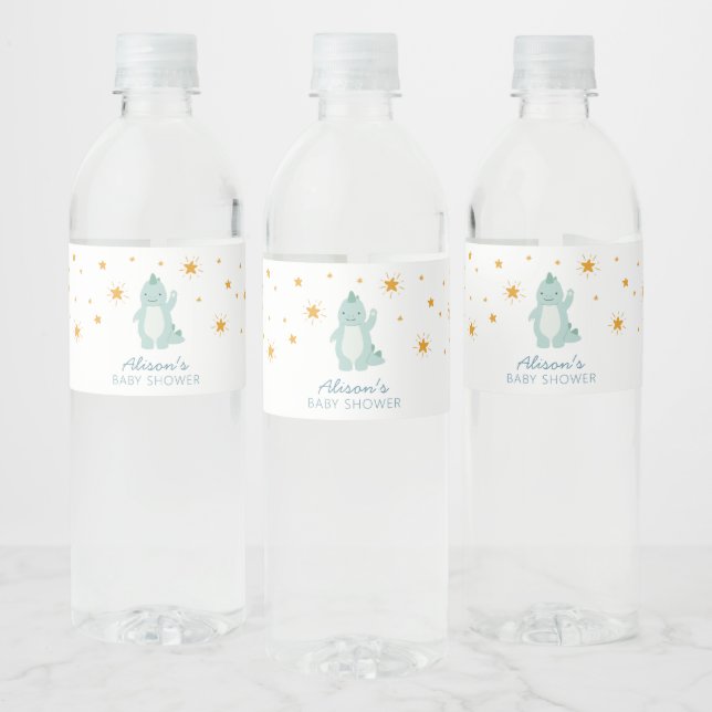 Blue Dinosaur Twinkle Stars Baby Boy Shower Water Bottle Label (Bottles)