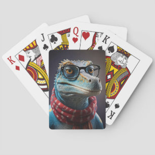 Blue dinosaur wearing a Christmas scarf Playing Cards