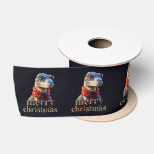 Blue dinosaur wearing a Christmas scarf Satin Ribbon