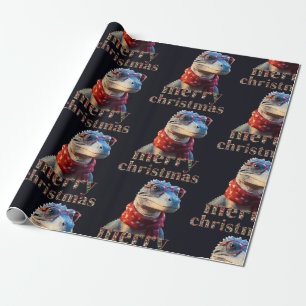 Blue dinosaur wearing a Christmas scarf Wrapping Paper