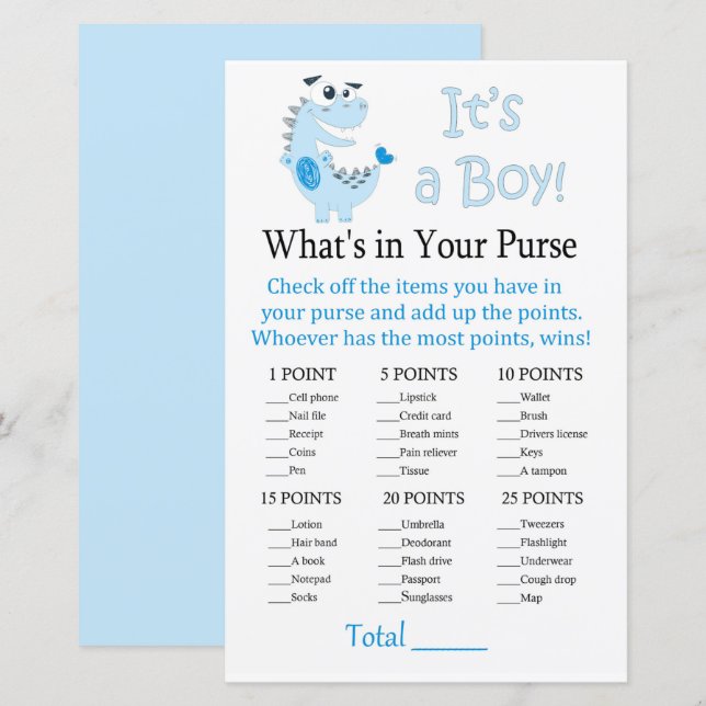 Blue Dinosaur What's in your purse game (Front/Back)