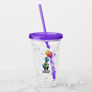 Blue dinosaur with balloons acrylic tumbler