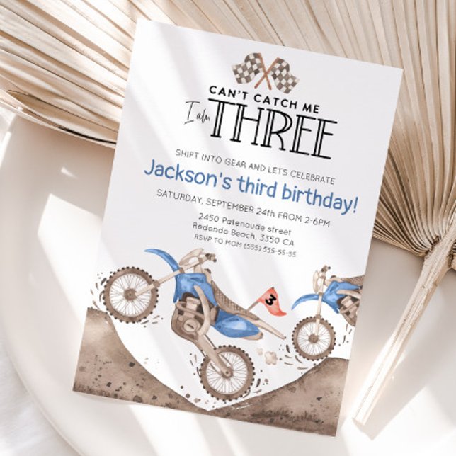 Blue Dirt Bike 3rd birthday - Cant catch me Invitation (Blue dirt bike birthday invitaiton)