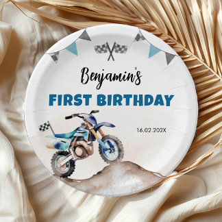 Blue Dirt Bike Fast One Boy Birthday Party Paper Plate