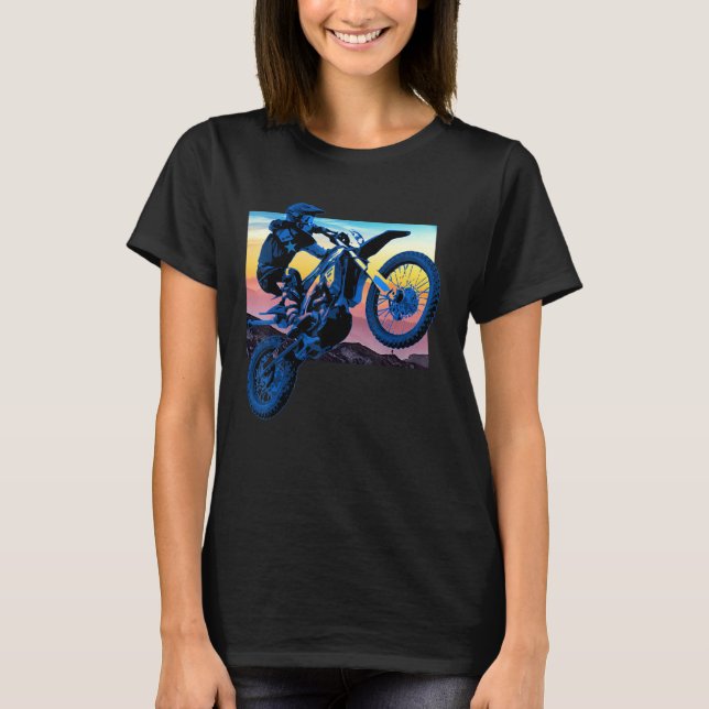 Blue Dirt Bike Rider Motorbike Racer Retro Sunset  T-Shirt (Front)