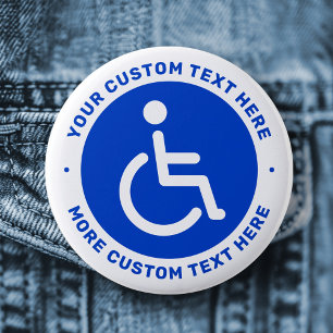 Blue disabled symbol and custom text 6 cm round badge