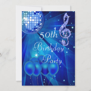Blue Disco Ball and balloons 50th Birthday  Invitation