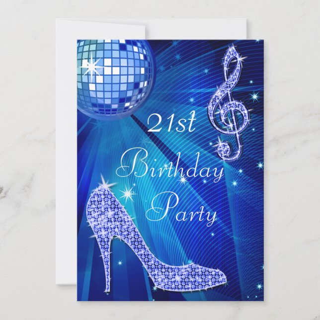 Blue Disco Ball and Heels 21st Birthday Invitation (Front)