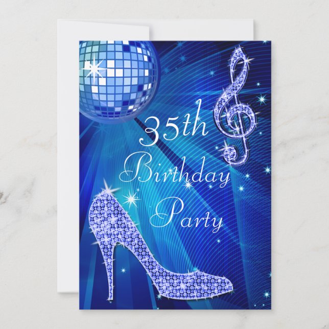 Blue Disco Ball and Heels 35th Birthday Invitation (Front)