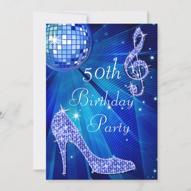 Blue Disco Ball and Heels 50th Birthday Invitation (Front)