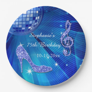 Blue Disco Ball and Heels 75th Birthday Paper Plate