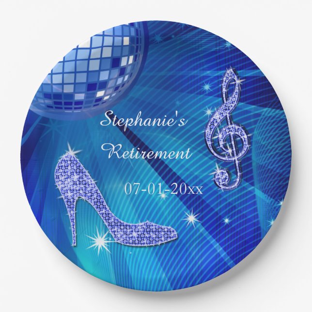 Blue Disco Ball and Heels Retirement Paper Plate (Front)
