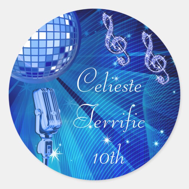 Blue Disco Ball and Retro Microphone 10th Birthday Classic Round Sticker (Front)