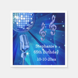 Blue Disco Ball and Retro Microphone 65th Birthday Napkin