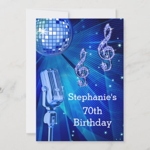 Blue Disco Ball and Retro Microphone 70th Birthday Invitation
