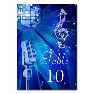 Blue Disco Ball and Retro Microphone Table Number