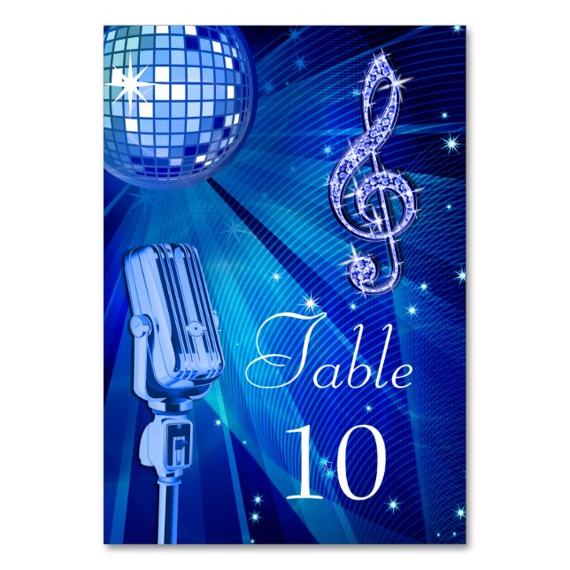Blue Disco Ball and Retro Microphone Table Number (Front)