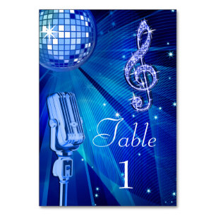 Blue Disco Ball and Retro Microphone Table Number