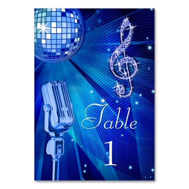 Blue Disco Ball and Retro Microphone Table Number (Front)