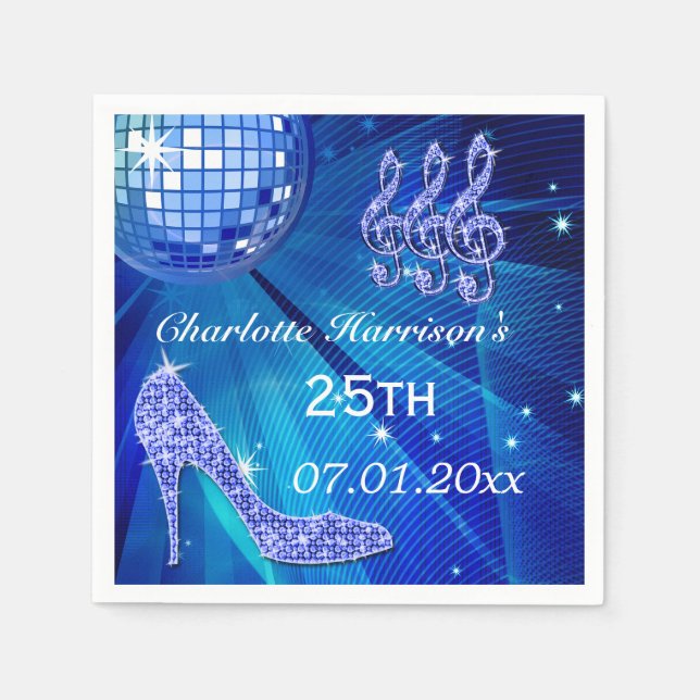 Blue Disco Ball and Sparkle Heels 25th Napkin (Front)