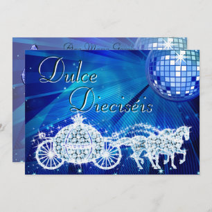 Blue Disco Ball, Princess Coach & Horses Sweet 16 Invitation